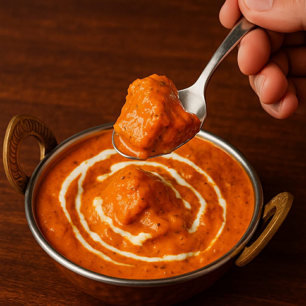 Tender pieces of meat cooked in a rich and creamy tomato-based sauce, served with rice or naan.