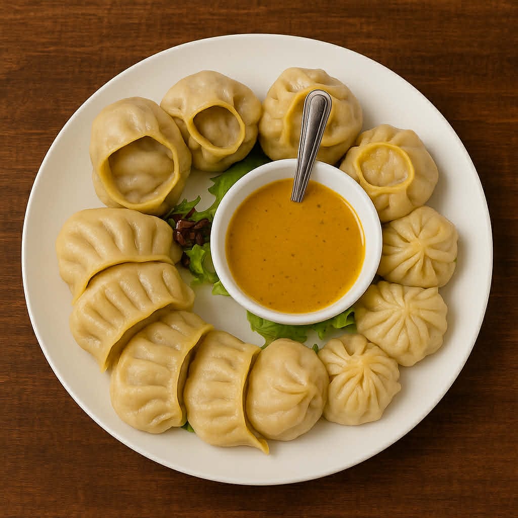 Handmade Himalayan dumplings filled with seasoned meat or vegetables, served with spicy tomato chutney.